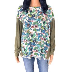 Upcycled Oversized Green Floral Boho Tunic Sweater One Size Small - XL
